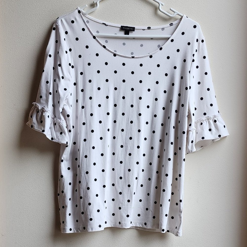 Talbots Black/White Scoop Neck Polka Dot Ruffled Jersey Size Large